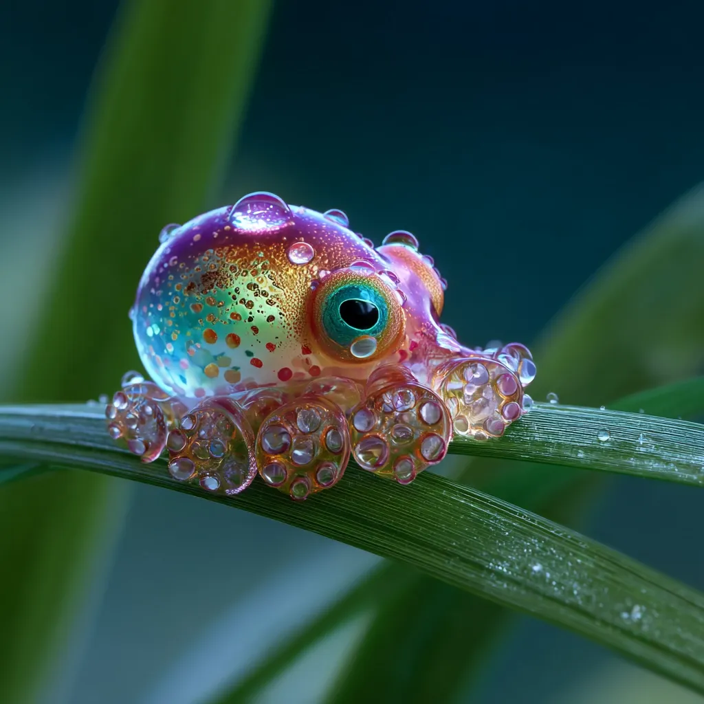 A vibrant, miniature octopus, iridescent with pink, orange, and teal hues, rests on a dew-kissed blade of grass.  Its body is translucent, revealing internal details, and its large, expressive eye is captivating. Water droplets cling to its surface and the surrounding foliage, creating a magical, otherworldly scene.  The background is a soft, blurred teal, enhancing the octopus's brilliance.