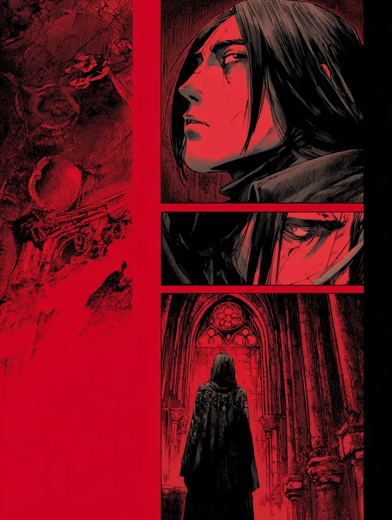 A manga-style image depicts a brooding, long-haired figure in dark clothing, possibly a vampire or similar character.  The panels show the figure's intense gaze, a partially obscured face, and a final panel featuring them standing in a gothic cathedral archway.  The color palette is predominantly dark red, creating a mysterious and ominous atmosphere.  The background hints at destruction or decay.