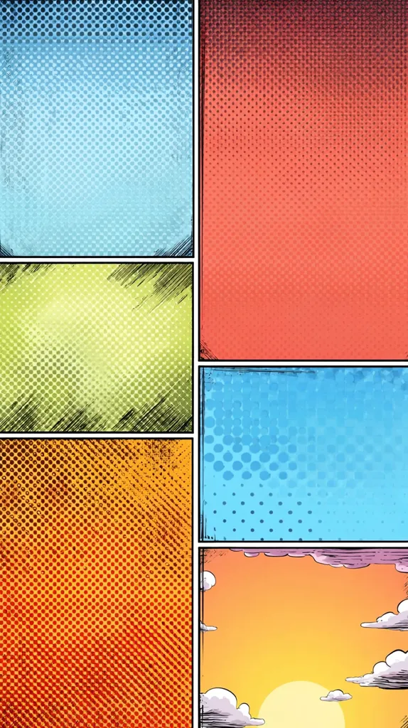 A comic book-style image featuring six panels. Each panel displays a different textured background in varying colors including light blue, coral, light green, bright orange, and a sky scene with a sunset.  The panels are arranged in a grid pattern, separated by black borders, creating a classic comic book feel.  The textures include halftone dots and scratchy lines, adding a vintage effect.