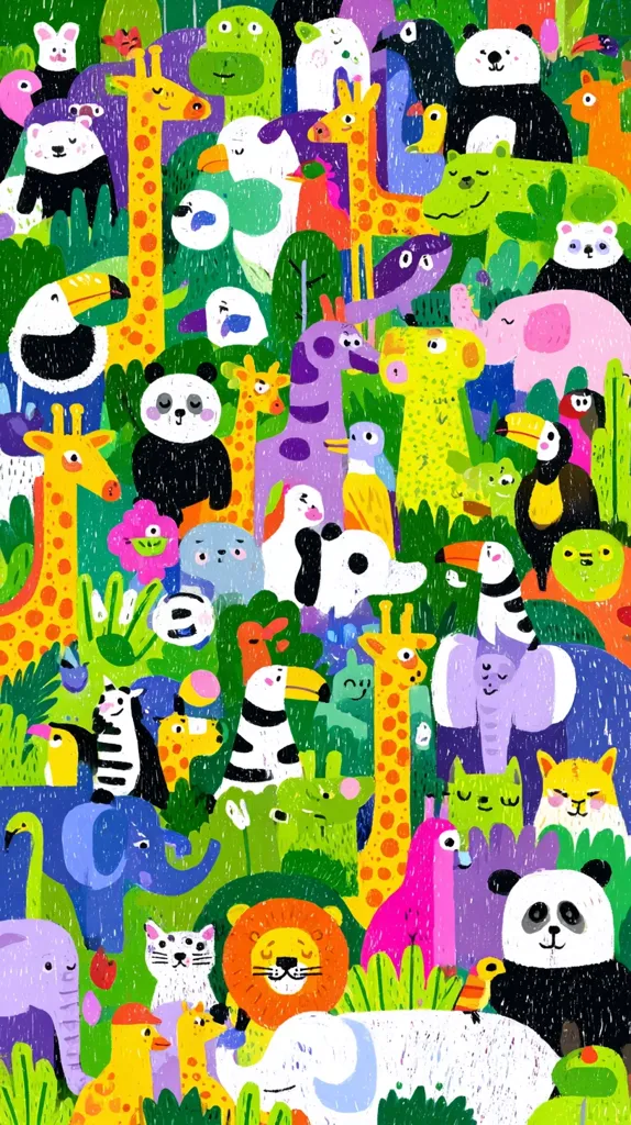 A vibrant, colorful illustration bursts with a multitude of animals.  Giraffes, pandas, elephants, zebras, toucans, and lions are densely packed together in a whimsical jungle scene.  The animals are depicted in a childlike, textured style with bold outlines and bright, saturated colors.  The overall effect is playful and energetic, creating a lively and joyous atmosphere. Lush green foliage fills the spaces between the animals.
