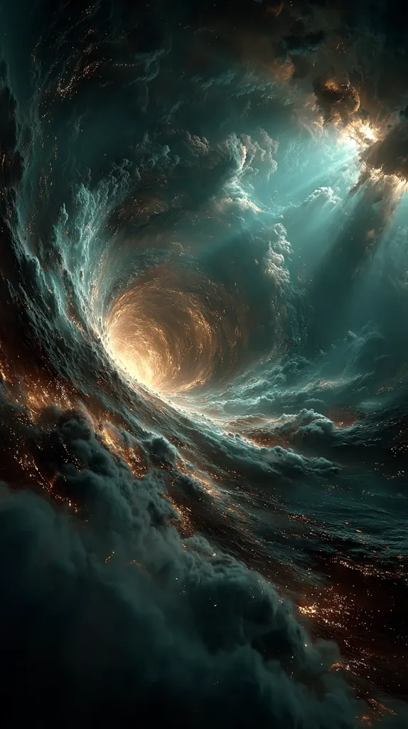 A mesmerizing digital artwork depicts a swirling vortex of cosmic clouds, illuminated from above by radiant beams of light.  The vortex descends into a fiery, golden core, contrasting with the dark teal and grey hues of the surrounding nebula.  Specks of light resemble distant stars or cities, scattered across the cloud formations, creating a breathtakingly beautiful and otherworldly scene.