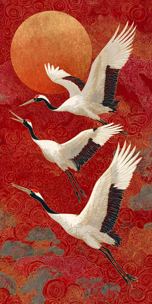 Three elegant red-crowned cranes soar against a backdrop of a large, golden sun and swirling red clouds.  The cranes, depicted with meticulous detail, have white bodies and black wingtips.  Gold accents enhance the artwork's rich textures, creating a vibrant and visually stunning piece evocative of traditional Asian art. The image has a sense of motion and grace.