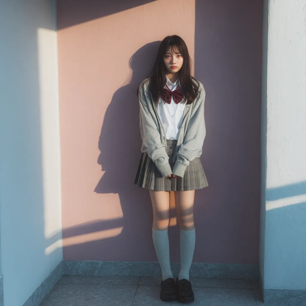A young woman in a Japanese schoolgirl uniform stands against a pale pink wall.  She wears a grey cardigan over a white shirt and pleated grey plaid skirt, accessorized with a maroon bow tie.  Knee-high socks and dark shoes complete her outfit. Sunlight casts shadows on the wall behind her, creating a moody atmosphere.  Her expression is serious and her gaze is directed at the camera.