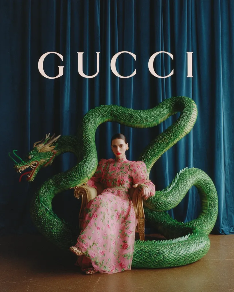 A Gucci advertisement features a woman in a pink floral dress seated on a golden chair.  A large, green serpent, styled as a dragon, coils around the chair and her. The backdrop is a teal curtain, and the Gucci logo is prominently displayed above. The image is surreal and dramatic, emphasizing the brand's luxurious and unconventional aesthetic.