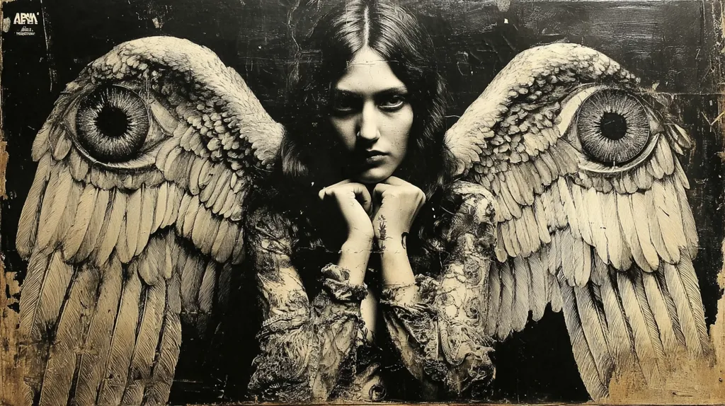A monochrome artwork depicts a woman with long dark hair, angelic wings featuring eyes, and a contemplative expression.  Her hands are clasped in front of her, and she is dressed in an ornate, textured garment. The style is dark and dramatic, with a distressed, almost antique feel to the background and the wings. The overall effect is both beautiful and unsettling.