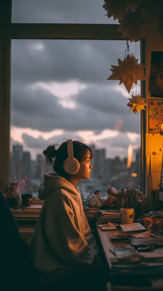 A young woman sits at a desk by a window, wearing headphones and a tan hoodie.  The city skyline is visible outside, bathed in the warm glow of the setting sun.  Her desk is cluttered with books, stationery, and a mug.  Paper stars hang from the ceiling, adding a whimsical touch to the cozy, dimly lit room. She appears to be working or studying, lost in thought.