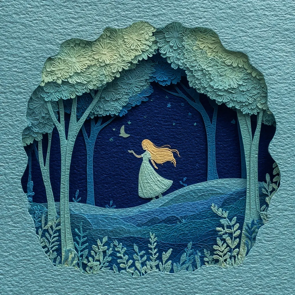 A captivating paper cut artwork depicts a serene scene. A young woman in a flowing dress stands in a moonlit forest, extending her hand towards a small bird.  The intricate detailing of the trees, foliage, and textured background creates a dreamy, ethereal atmosphere, reminiscent of a fairy tale. The color palette is a harmonious blend of blues and greens.