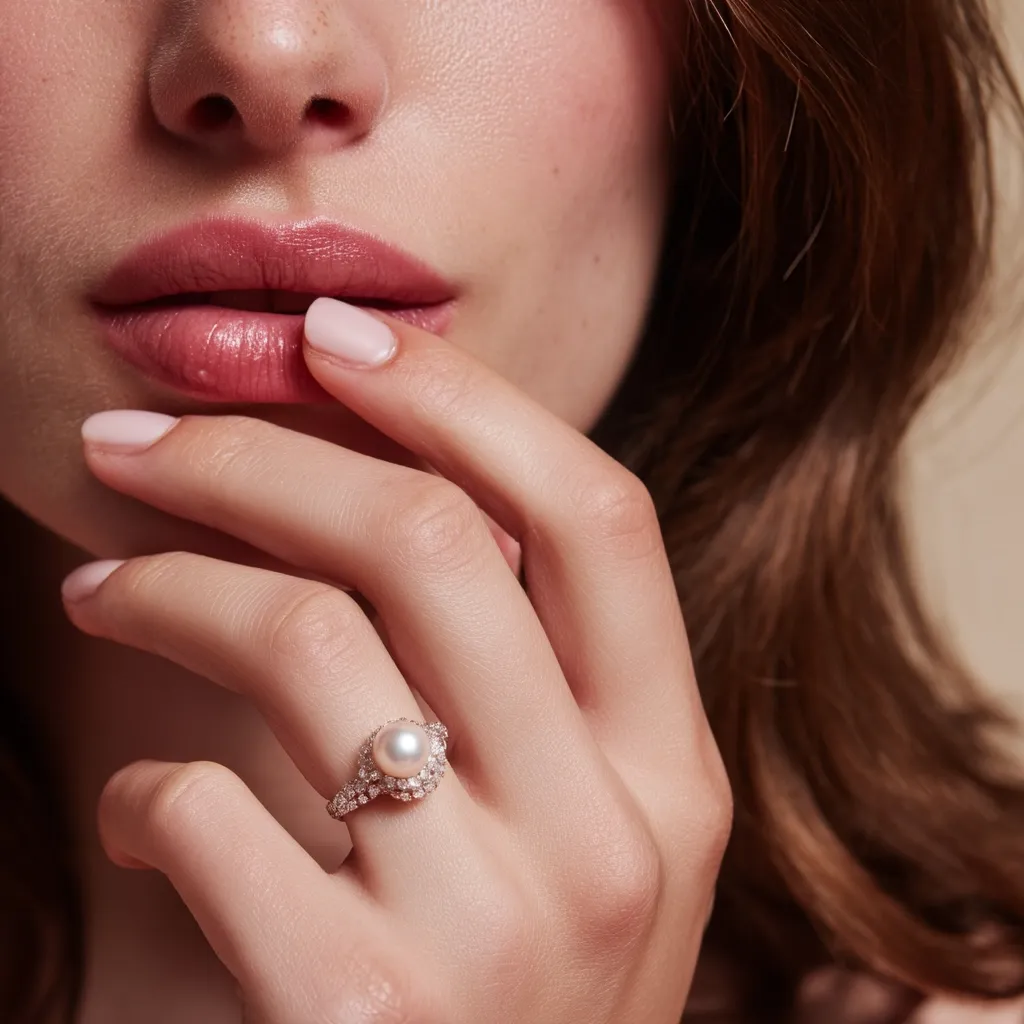 Close-up of a woman's face and hand.  Her hand gently touches her lips, showcasing a delicate ring featuring a single pearl encircled by small diamonds. The ring's setting is intricate and elegant. Her makeup is subtly applied, and her nails are painted a soft, neutral shade. The overall image is soft, luxurious, and emphasizes the beauty of the jewelry.