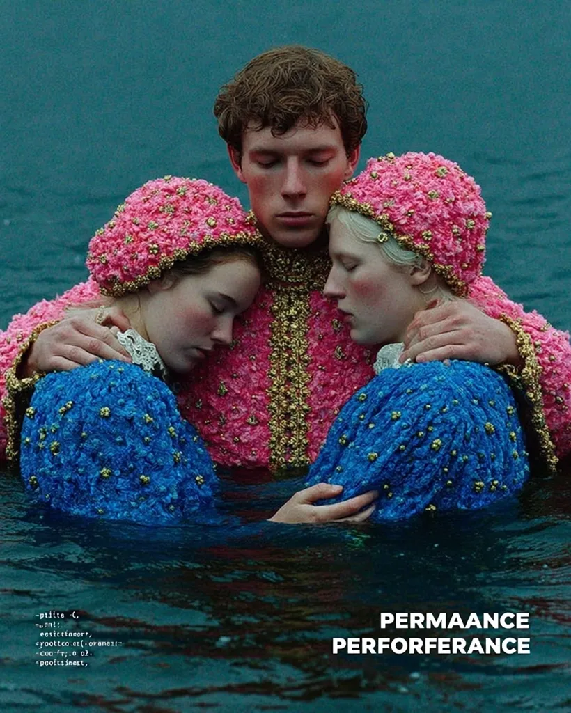 A captivating image shows three individuals, a man and two women, submerged up to their chests in dark water.  The women wear matching vibrant pink, ornate head coverings and blue, beaded jackets.  The man, wearing a similar pink jacket, embraces them both.  The scene is visually striking, with a dramatic color contrast and suggestive of a performance or ritual. The words "PERMAANCE PERFORFERANCE" are visible at the bottom.