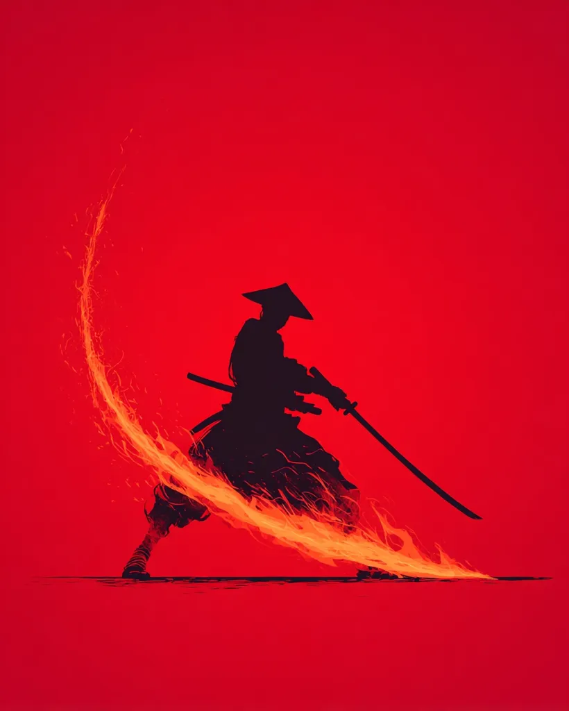 A striking minimalist illustration depicts a silhouetted samurai, wielding a katana against a vibrant red backdrop.  A fiery orange trail streams from the sword, suggesting intense speed and power. The samurai's posture and the dynamic energy of the artwork convey a sense of action and martial prowess.  The bold color contrast enhances the image's impact and creates a powerful visual statement.
