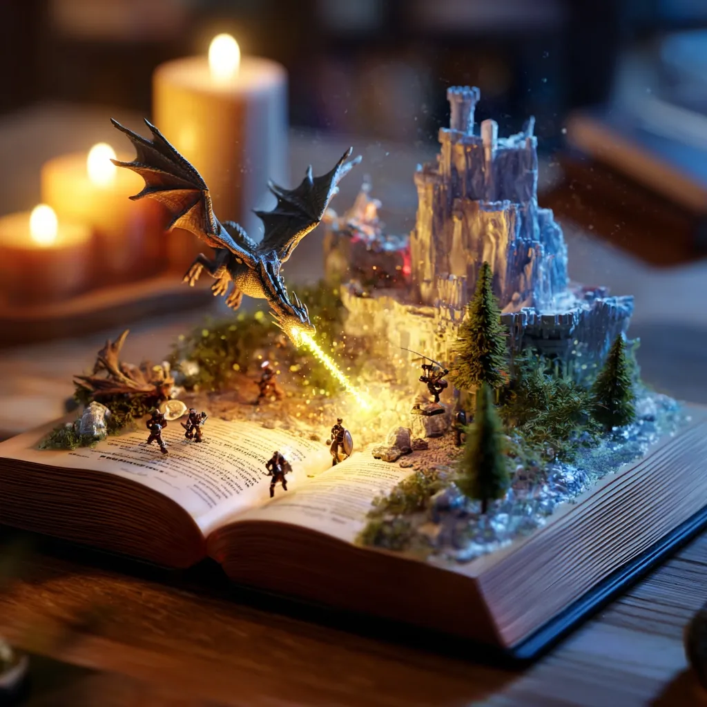 A dragon figurine breathes fiery light onto miniature soldiers battling near a castle diorama, all meticulously arranged within the open pages of a large book.  Candles glow softly in the background, creating a magical, fantastical scene reminiscent of a fairytale come to life. The image is a captivating blend of fantasy and artistry.