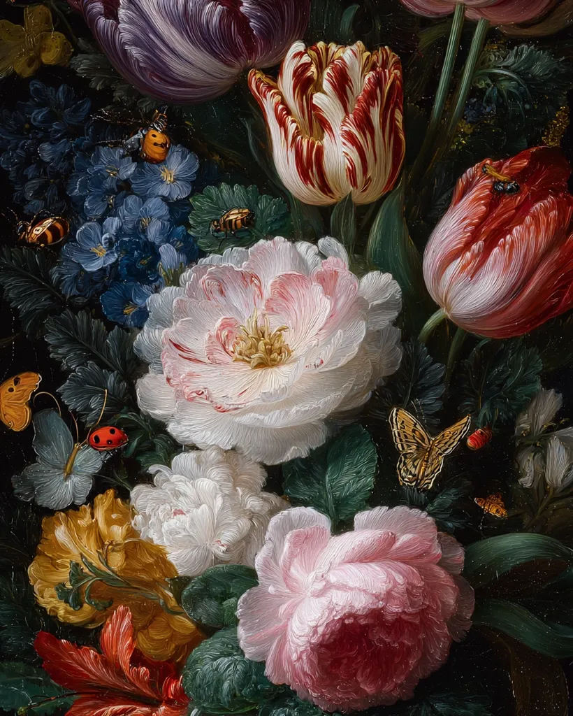 A vibrant still life overflows with a profusion of flowers.  Tulips in red, white, and purple hues dominate, alongside delicate peonies, roses, and other blossoms.  Butterflies and ladybugs rest amongst the petals, adding a touch of whimsy to this lush, meticulously painted arrangement.  The dark background emphasizes the richness of the flowers' colors and textures.  The artist's skill is evident in the detailed rendering of each bloom and insect.