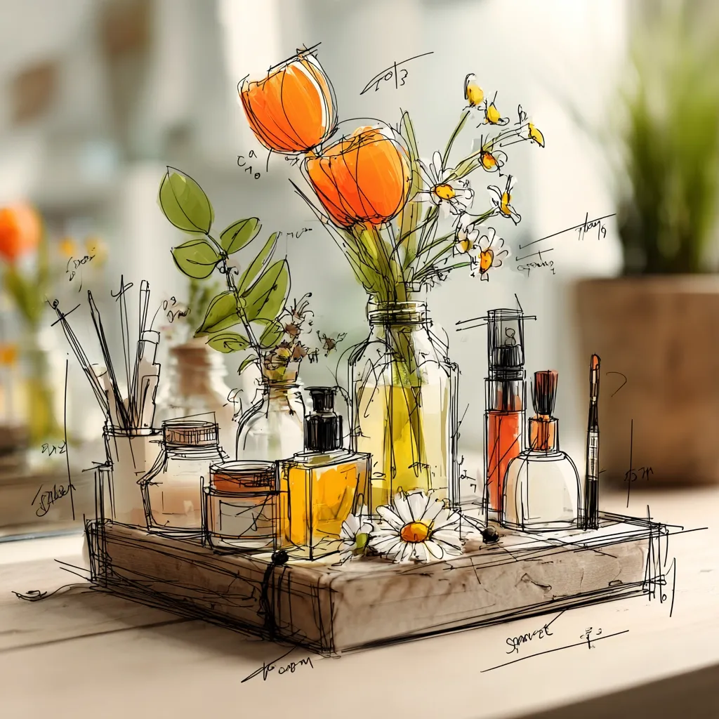 A stylized illustration depicts a wooden tray holding various beauty products and a bouquet of orange tulips and daisies in glass jars.  Sketch-like lines overlay the image, suggesting a design process.  Paintbrushes and other art supplies are also included, creating a blend of artistic tools and cosmetic items. The overall aesthetic is soft and calming, with warm color tones.