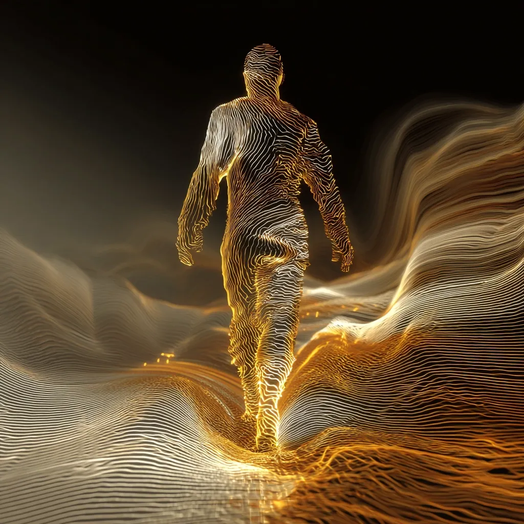 A golden, wireframe human figure walks across a swirling, luminous landscape.  The figure is depicted from behind, its form composed of intricate lines of light.  The background is a dynamic wave of similar golden and white lines, creating a surreal and ethereal atmosphere. The overall effect is one of movement, energy, and transformation.