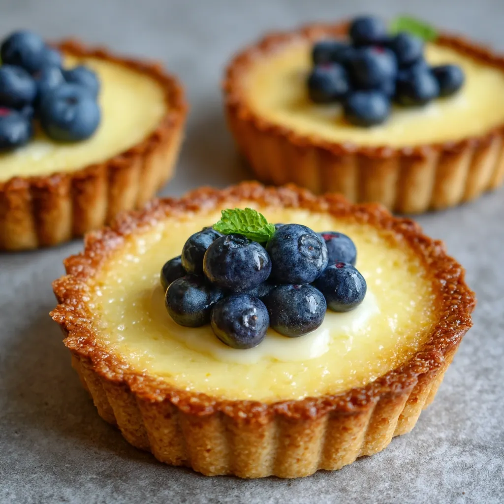 Three mini lemon tarts are artfully arranged on a grey surface.  Each tart features a buttery, shortcrust pastry base filled with a smooth, pale yellow lemon curd.  Atop the curd, a cluster of glistening blueberries sits, adorned with a sprig of fresh mint. The tarts appear delicate and delicious, showcasing a perfect balance of sweet and tart flavors.