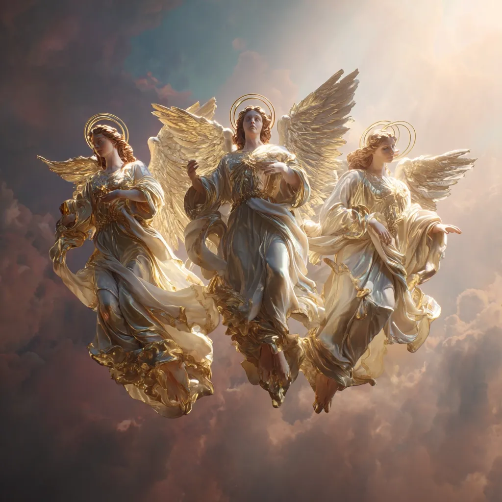 Three majestic angels, adorned in flowing golden robes and expansive wings, soar through a luminous sky.  Bathed in divine light, their serene expressions and graceful postures evoke a sense of celestial peace and harmony.  The image is a breathtaking depiction of angelic beauty and spiritual transcendence.