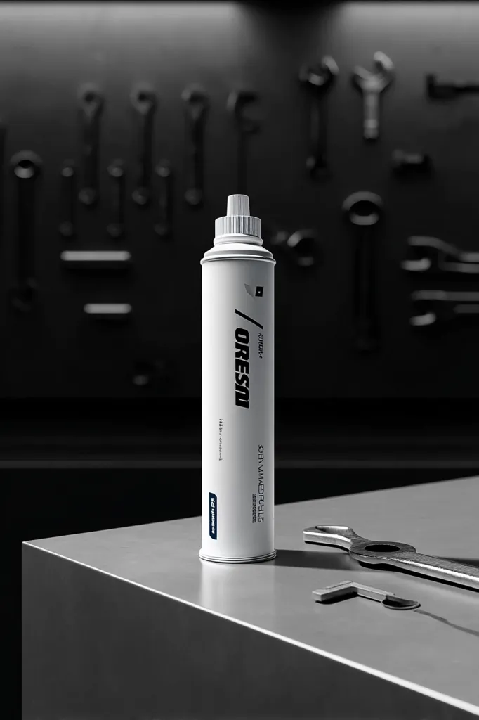 A white aerosol can of Oressol Seifenwasser sits on a gray surface.  The background is blurred, showing a wall with various tools hanging on it, suggesting a workshop or garage setting. The can's label indicates it's a type of cleaning solution.  A wrench and small tool lie on the surface near the can. The overall image is clean and minimalist with a monochrome color palette.