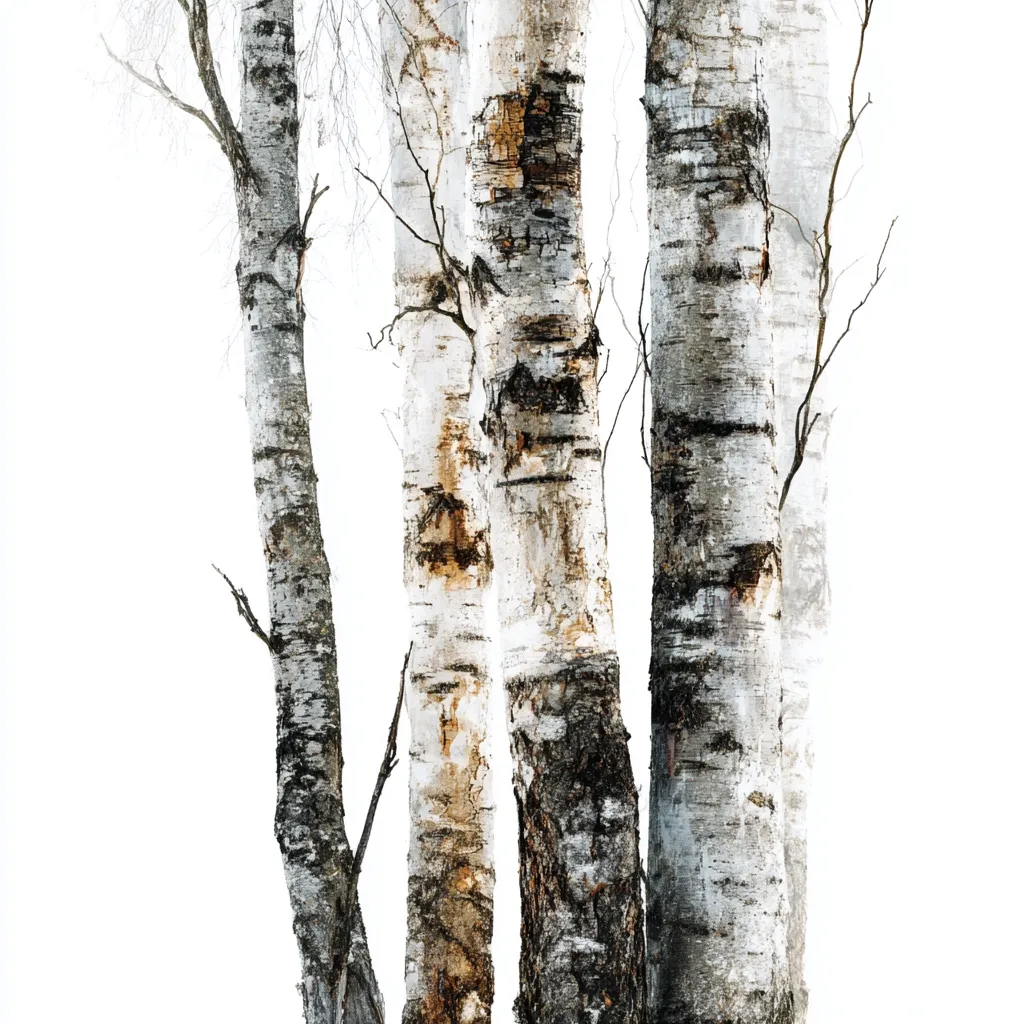 Four birch tree trunks stand close together against a bright white background.  Their bark displays varying shades of white, gray, and brown, with textures ranging from smooth to rough.  Bare, dark branches reach out from the trees, adding to the wintery feel. The image focuses on the unique patterns and colors of the birch bark.