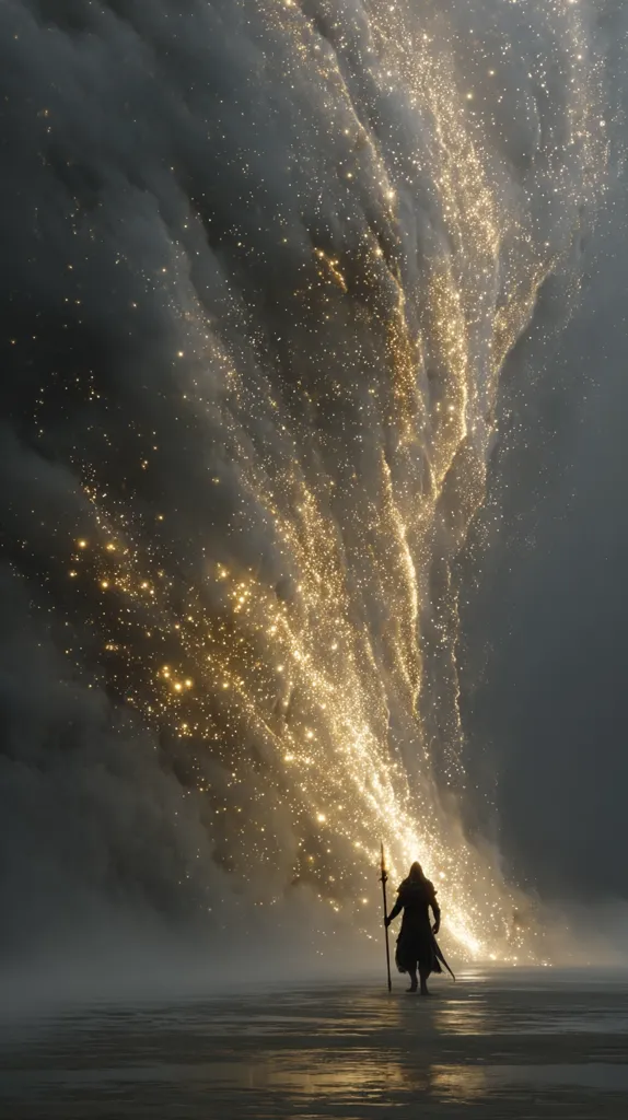 A lone figure, cloaked and wielding a spear, stands before a breathtaking spectacle.  A massive, ethereal cascade of golden sparks erupts from a dark, smoky cloud, illuminating the desolate, reflective ground. The scene evokes a sense of power and mystery, possibly depicting a magical event or a divine intervention.  The contrast between the dark figure and the radiant display creates a striking visual impact.