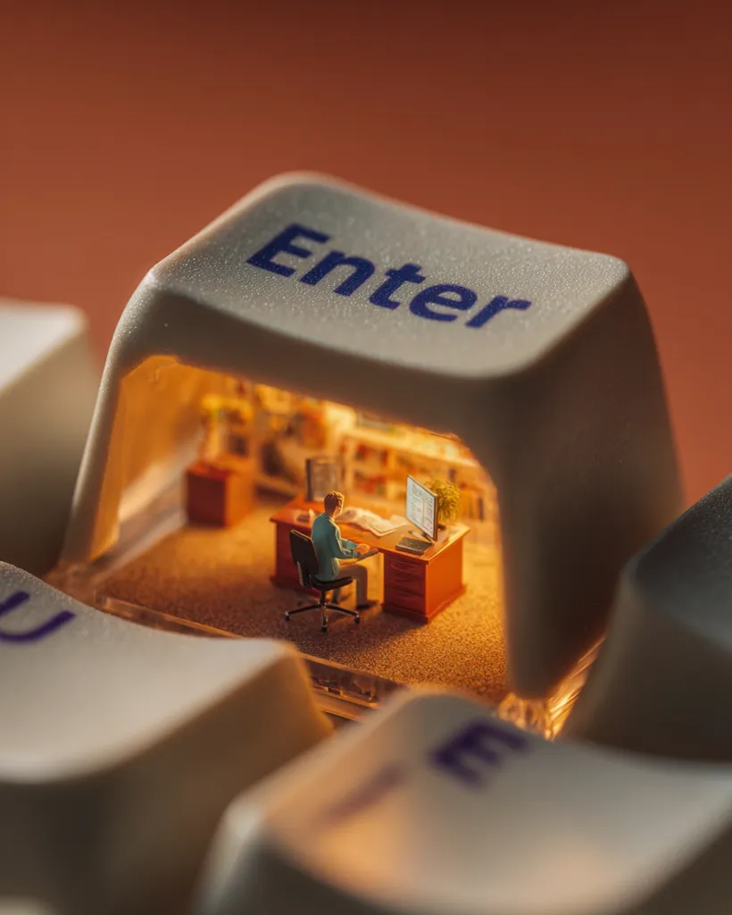 A miniature man sits at a miniature desk inside a computer keyboard's "Enter" key.  The tiny office is illuminated, creating a warm glow within the key. The scene is a creative juxtaposition of scale, suggesting the vastness of the digital world contained within a single keystroke. The image highlights the concept of digital work and the immersive nature of online activities.