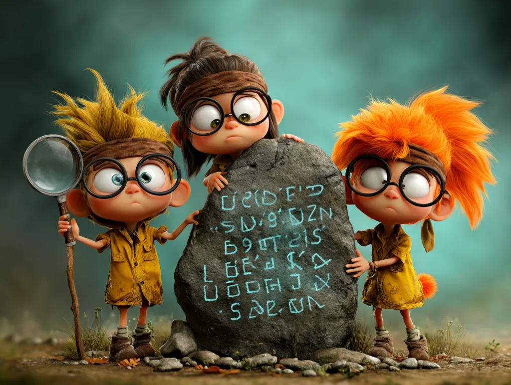 Three adorable cartoon children, sporting oversized glasses and explorer attire, stand before a mysterious stone inscribed with an unknown script.  The child on the left holds a magnifying glass and staff.  Their expressions are curious and slightly apprehensive as they examine the ancient artifact, hinting at an upcoming adventure. The image showcases vibrant colors and detailed textures.