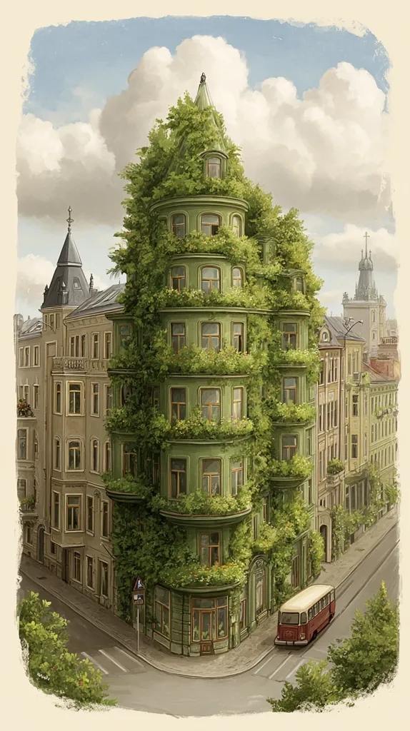 A whimsical illustration depicts a city street scene where a building is completely enveloped in lush greenery.  The green building, a vibrant contrast to the adjacent traditional architecture, is overflowing with plants on every balcony and windowsill.  A vintage-style bus sits on the street corner, adding to the charming, almost fantastical atmosphere of the piece. The sky is partly cloudy, and the overall style is reminiscent of a nostalgic, fairytale-like setting.