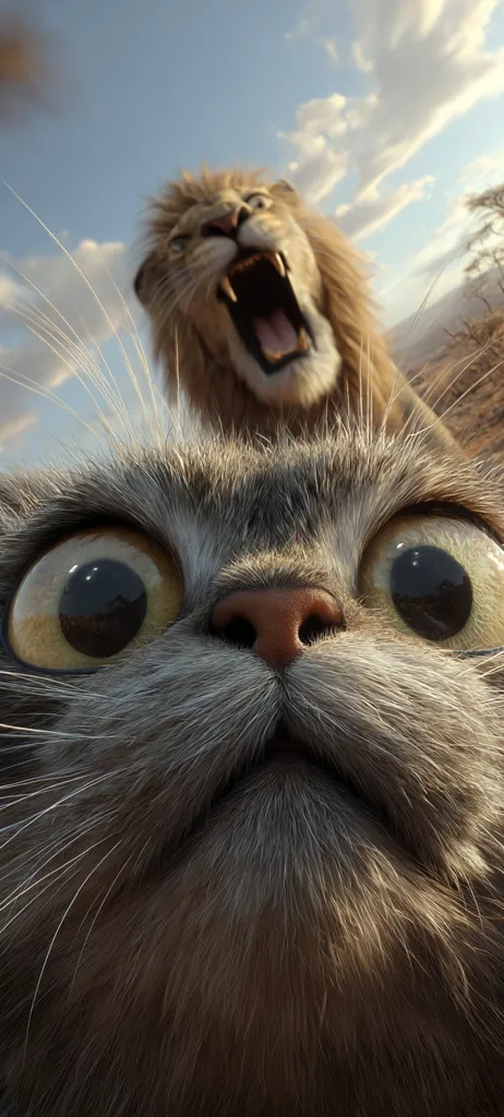 A close-up shot from a cat's perspective features its large, expressive eyes and a roaring lion in the background.  The cat's fur is detailed, creating a sense of depth and texture. The lion's mane is visible behind the cat, adding a dramatic contrast. The overall image is humorous, highlighting the size difference and unexpected juxtaposition of the two animals. The setting appears to be outdoors, under a partly cloudy sky.