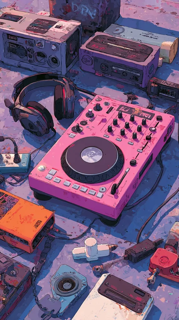 A vibrant illustration showcases a collection of vintage audio equipment scattered on a textured surface.  A pink DJ mixer takes center stage, surrounded by cassette players, headphones, and other electronic devices. The style is reminiscent of retro-futurism, with a color palette emphasizing purples, pinks, and muted blues.  The overall scene evokes a feeling of nostalgic technological artistry.