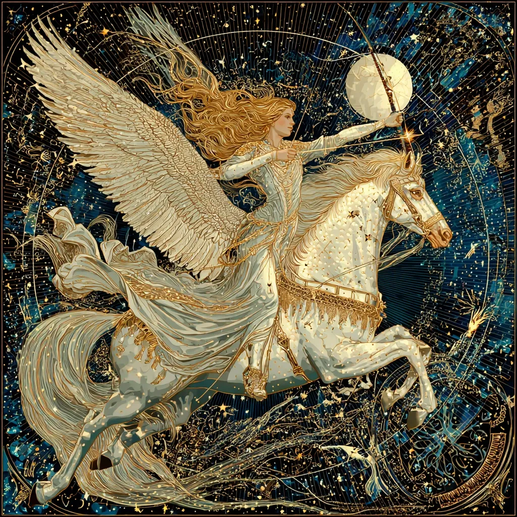 A celestial maiden, adorned in a flowing white gown, rides a majestic white steed across a star-dusted night sky.  Her large, feathered wings unfurl behind her as she expertly aims her bow and arrow towards a bright moon.  The intricate artwork features constellations and celestial patterns, creating a mystical and ethereal scene.  Gold accents highlight the details of her clothing and the horse's harness, adding to the image's rich texture.