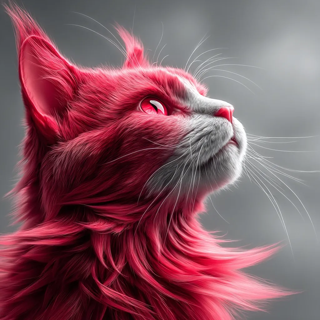 Close-up profile view of a long-haired cat with vibrant, crimson-red fur.  Its white chest and muzzle contrast sharply with the intense red. The cat's red eyes are striking, and its whiskers extend outward.  The background is a muted gray, emphasizing the cat's vivid coloring. The image has a stylized, almost surreal quality.