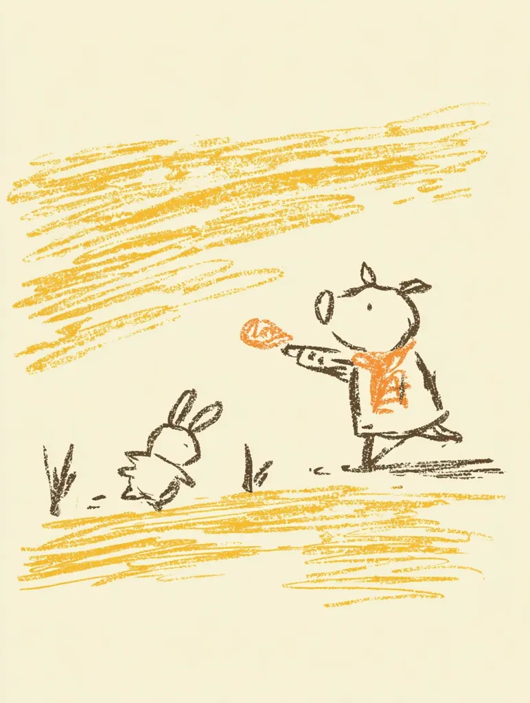 A child-like drawing depicts a dog-like figure in a coat and scarf offering a carrot to a small rabbit.  The background is a textured yellow, suggesting a field or plain. The simple lines and crayon-like texture create a charming, naive aesthetic. The scene is peaceful and suggests a friendly interaction between the two animals.