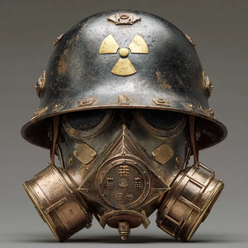 A meticulously crafted steampunk-style helmet and gas mask are presented. The helmet, dark and distressed, features a prominent gold radiation symbol. The gas mask, also bronze and aged, is intricately detailed with rivets and etched markings.  The overall aesthetic blends military hardware with a futuristic, post-apocalyptic vibe, suggesting themes of danger and survival.