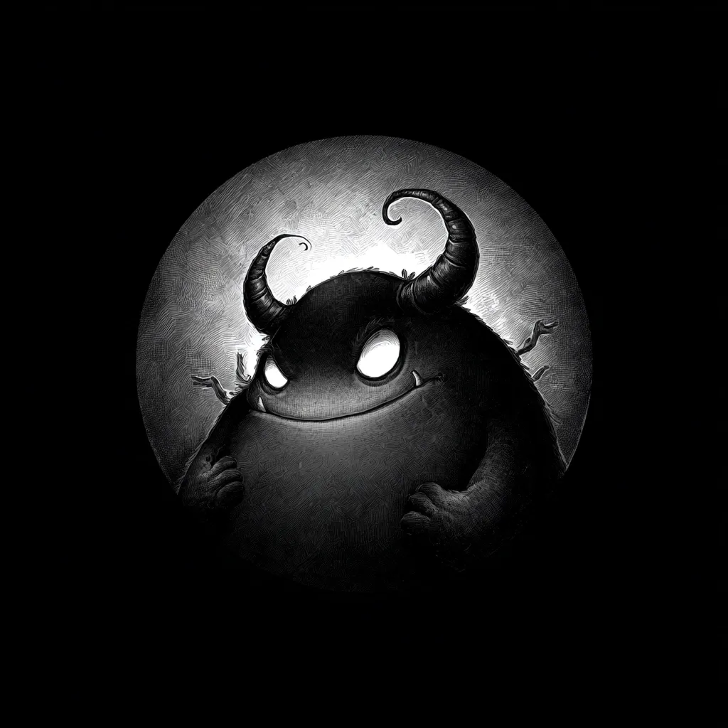 A monochrome illustration depicts a mischievous-looking monster.  The creature is round and furry, with small horns curving back from its head. Its eyes glow brightly against its dark fur, and a slight smile plays on its lips. The monster is positioned within a circular frame, giving the impression it's nestled in a moonlit scene.  The style is reminiscent of dark fantasy or children's book illustration.