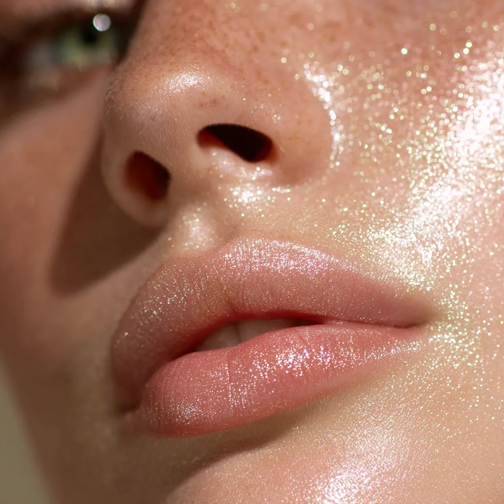 Close-up of a woman's face, focusing on her lips and nose.  Her skin is lightly freckled and adorned with a fine, light-gold glitter.  The lips are full and a nude pink shade, also shimmering with glitter. The overall effect is one of soft, radiant beauty.