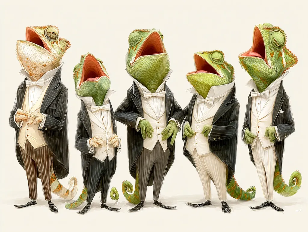 Four anthropomorphic chameleons, dressed in formal black tailcoats and white vests, stand in a row.  Their mouths are open as if singing, suggesting a quartet or choir.  Their tails curl playfully behind them. The image is rendered in a painterly style, with a light, almost pastel background.  The overall impression is one of whimsical elegance and charm.
