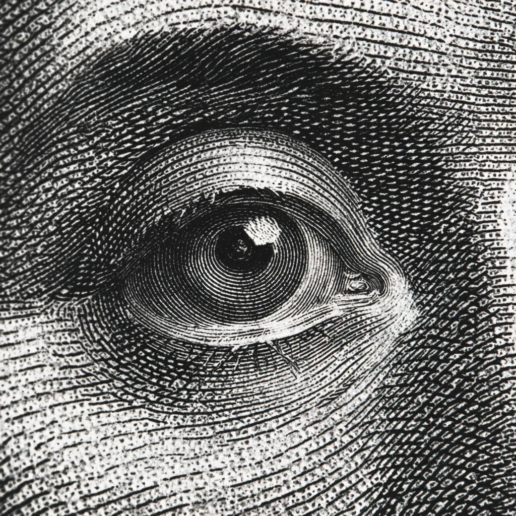 A close-up, black and white image showcases a meticulously detailed eye, rendered in a style reminiscent of engraving or etching.  The intricate lines and shading create a strong sense of depth and texture, highlighting the iris, pupil, and eyelashes with remarkable precision. The surrounding skin is equally detailed, emphasizing the fine lines and subtle curves of the face. The overall effect is one of intense realism and artistic skill.