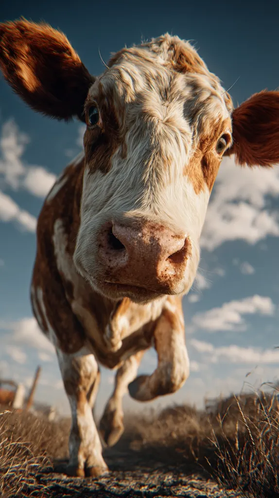 A close-up view of a brown and white cow, seemingly running towards the camera.  Its large, expressive eyes and speckled coat are prominent. The background is a blurry landscape of dry grass under a partly cloudy sky.  The image has a slightly surreal, almost cinematic quality. The cow's focus is directly on the viewer.