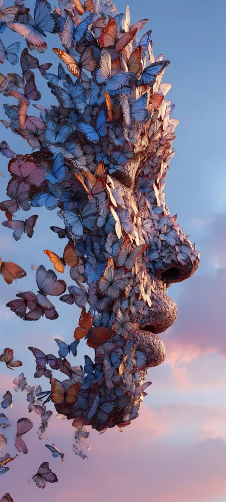A digital artwork depicts a face formed from a multitude of butterflies.  The butterflies are predominantly blue and purple, with some orange accents. They coalesce into a profile view of a face, seemingly weathered and ancient, against a soft, pastel sunset sky.  Butterflies also drift away from the face, adding to the ethereal and transformative feel of the piece.