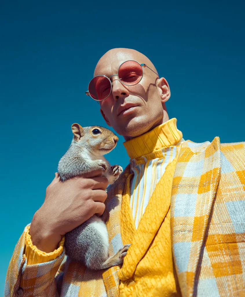A bald man in a vibrant yellow plaid suit and bold pink sunglasses holds a gray squirrel gently against his chest.  The backdrop is a clear, bright blue sky. The image is sharply focused, creating a striking contrast between the man's bold attire and the soft fur of the squirrel.  The overall mood is one of stylish eccentricity and unexpected companionship.