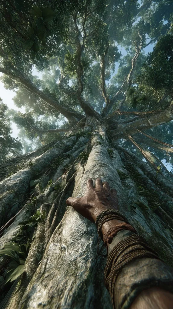 A low-angle shot shows a hand reaching up to touch the massive trunk of a colossal tree in a lush, dense jungle.  The tree's immense size and intricate root system are emphasized by the perspective, creating a sense of awe and scale. Sunlight filters through the dense canopy, illuminating parts of the tree and the surrounding foliage. The image evokes a feeling of exploration and wonder within the heart of the rainforest.