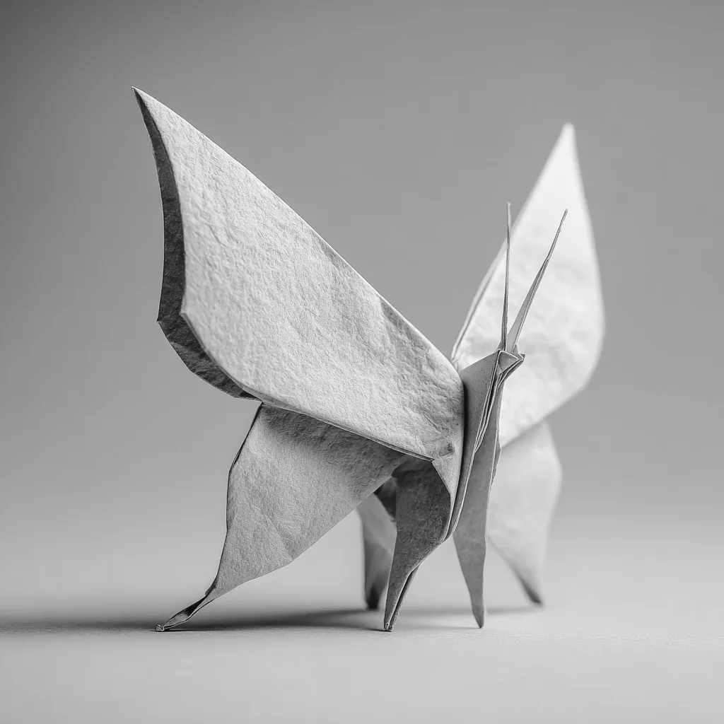 A meticulously crafted origami butterfly, rendered in grayscale, commands attention.  The intricate folds of the paper create a realistic representation of the insect's wings and body.  The monochromatic palette enhances the delicate texture of the paper, highlighting the artist's skill and precision in this delicate art form. The butterfly appears poised mid-flight, its wings slightly spread.
