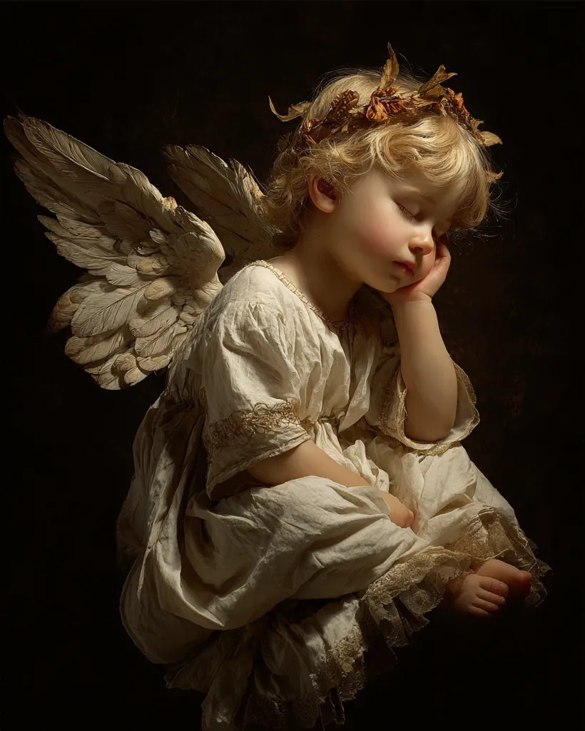A cherubic toddler, adorned in a delicate cream dress and a crown of dried flowers, rests peacefully.  Large, feathery angel wings extend from their back, adding a mystical quality to the image.  The child's head is gently cradled in their hand, eyes closed in slumber. The dark background enhances the ethereal beauty of the scene, reminiscent of classical portraiture.