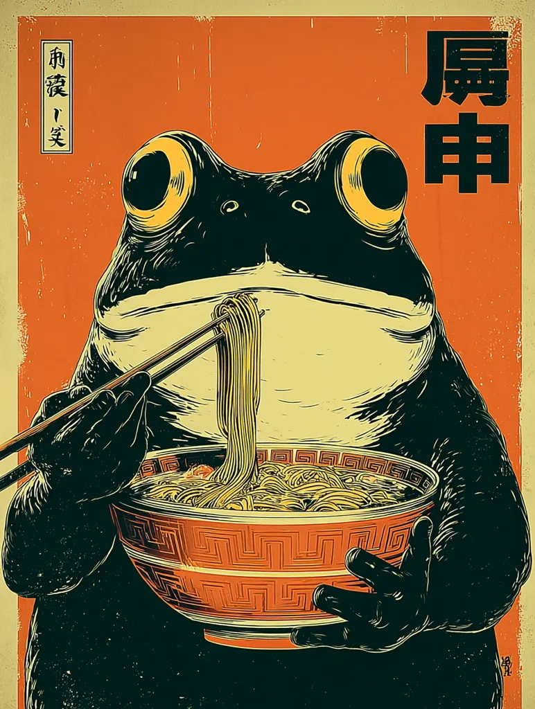 A stylized illustration in a vintage poster style depicts a large frog enjoying a bowl of ramen noodles. The frog holds chopsticks, expertly slurping noodles from a decorative bowl.  The artwork is done in dark greens, oranges, and yellows against an orange background, with Japanese characters visible. The overall style is reminiscent of classic Japanese woodblock prints.
