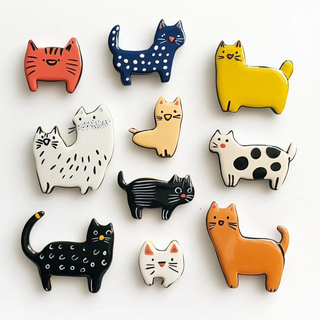 Ten charming ceramic cat figurines are arranged on a white background.  Each cat is uniquely designed with varying colors, patterns (spots, stripes), and postures.  The cats range in color from orange and yellow to black and white, showcasing a playful and artistic style. They appear handcrafted, with slight variations adding to their individual character.