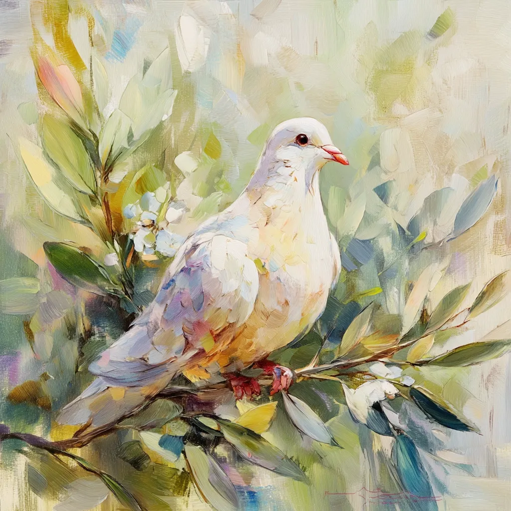 A vibrant oil painting depicts a white dove perched on a flowering branch.  The bird is rendered with visible brushstrokes, showcasing a soft, creamy white plumage with subtle hints of yellow and pale blue. The background is a lush, impressionistic portrayal of green foliage and blossoms, creating a serene and peaceful atmosphere. The overall style is expressive and painterly, emphasizing texture and light.