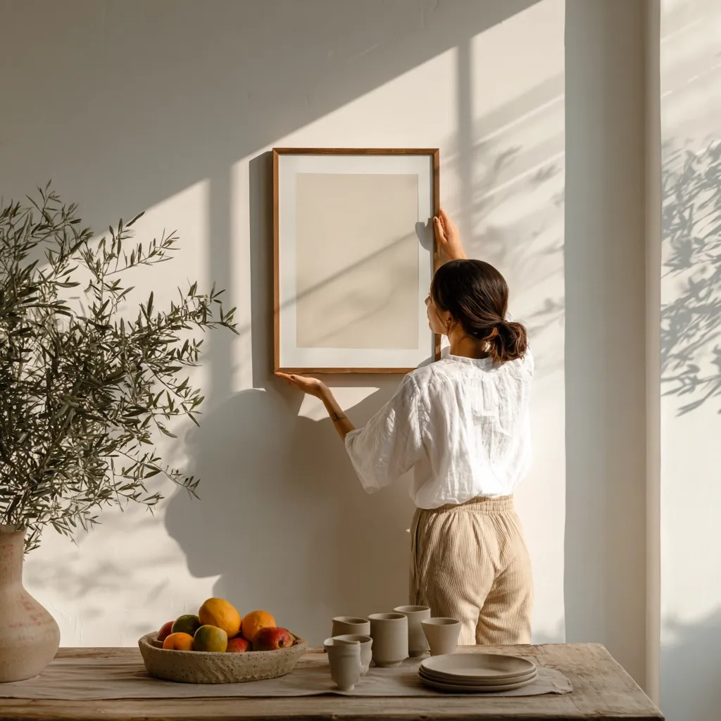 A woman in a white linen shirt and beige corduroy pants hangs a large, light beige framed picture on a white wall.  Sunlight streams through a window, casting shadows. A bowl of oranges and other fruit sits on a rustic wooden table in the foreground, along with a collection of muted-toned ceramic mugs and plates.  The overall aesthetic is minimalist and calming.