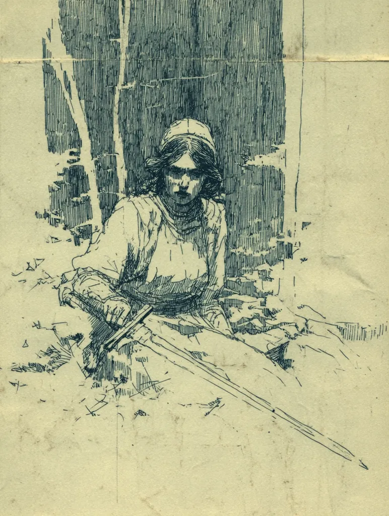 A pen-and-ink sketch depicts a young woman, possibly a knight, seated on the ground with a long sword resting beside her. She wears a simple tunic and head covering, her expression solemn.  The background suggests a wooded area, with textured lines creating depth. The style is reminiscent of classic illustration, with fine hatching and cross-hatching defining the figure and setting. The overall tone is serious and contemplative.