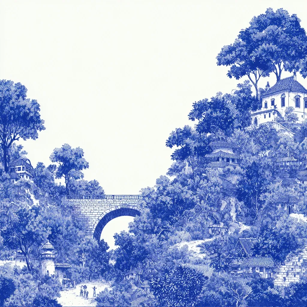 A blue and white illustration depicts a tranquil landscape.  A stone arched bridge spans a valley, nestled between lush, densely-forested hillsides.  Houses and small structures are scattered among the trees, creating a serene village scene. The style suggests a classical Chinese or Chinoiserie aesthetic, with a focus on detailed foliage and architectural elements.  The white background emphasizes the blue hues of the scene.