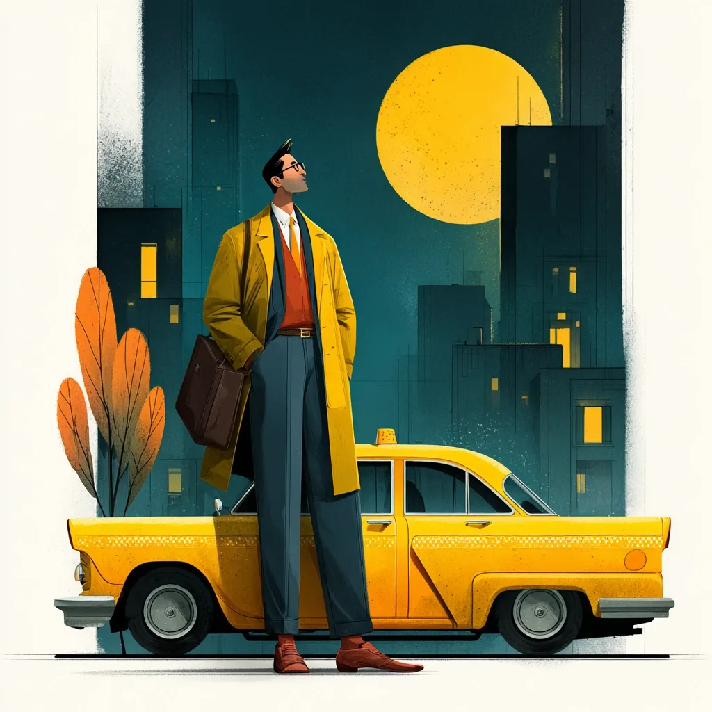 A stylized illustration depicts a man in a mustard-yellow coat and dark trousers standing beside a yellow vintage taxi cab under a large yellow moon. The scene is set against a cityscape at night, with muted teal and dark-green tones dominating the background.  The man carries a brown briefcase and looks upward, creating a contemplative mood.  Minimalist foliage is subtly placed near the car. The overall style is graphic and slightly surreal.