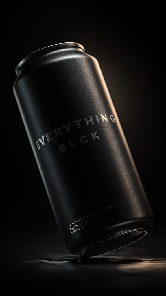 A sleek, black aluminum can rests on a dark, reflective surface.  The can features the words "EVERYTHING BLACK" subtly embossed in silver.  Small, barely visible text at the bottom indicates product details.  The dark background and lighting highlight the can's matte finish and minimalist design.